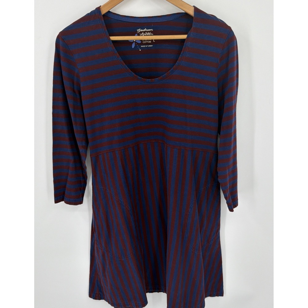 GUDRUN SJODEN Sz L Navy Maroon Striped 3/4 Sleeve Blouson Midi Dress Organic